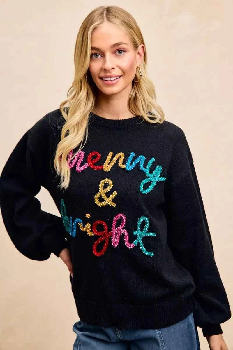 Black Tinsel Lettering Christmas Sweater