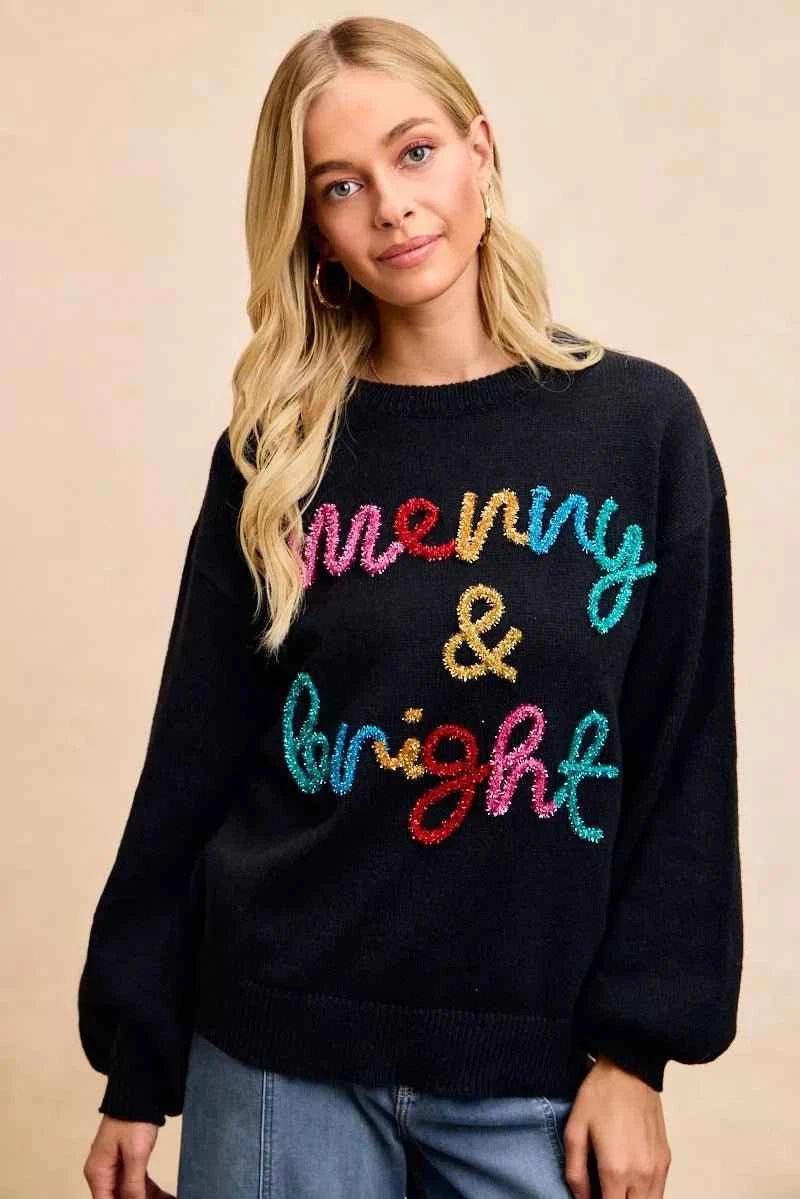 Black Tinsel Lettering Christmas Sweater