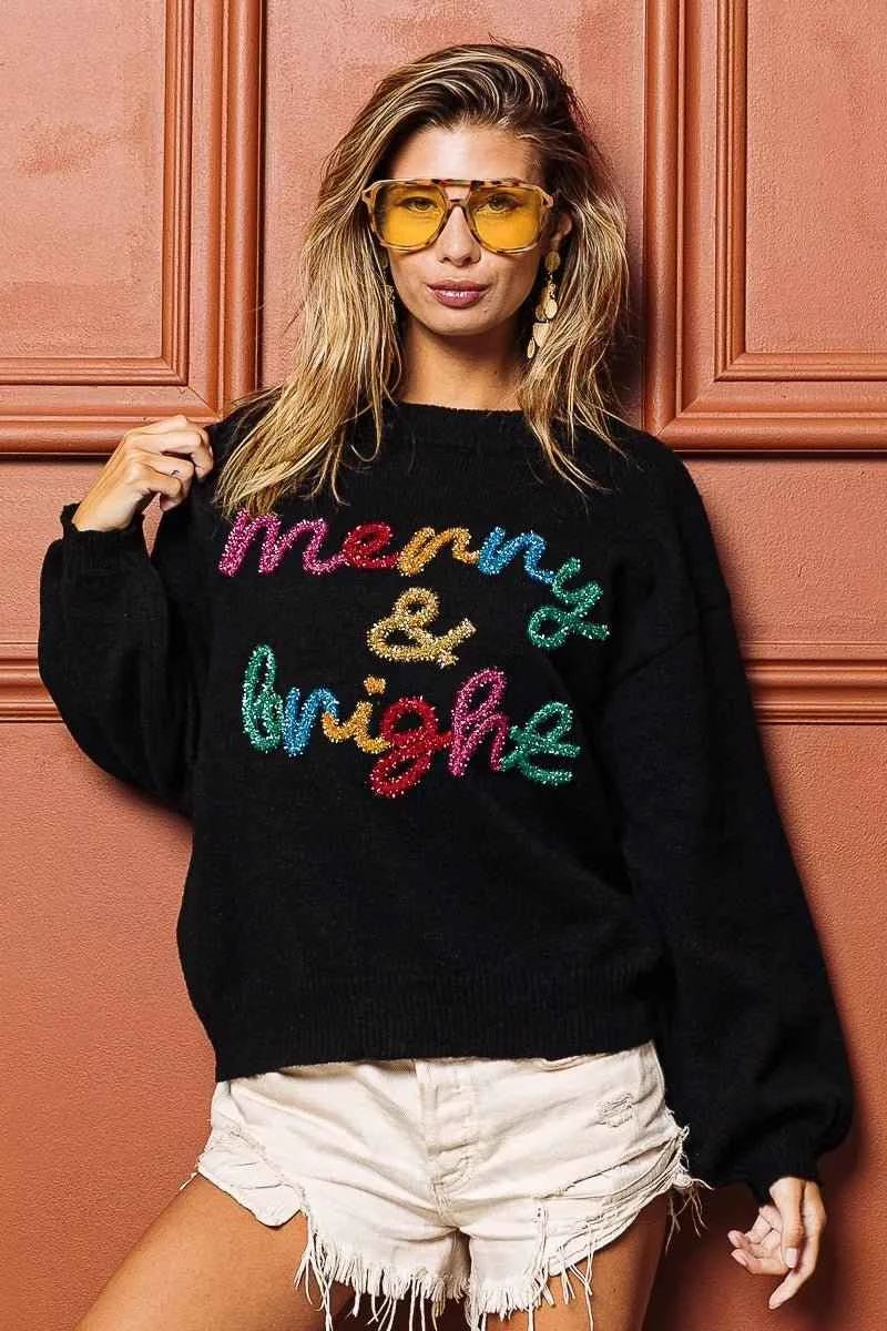 Black Tinsel Lettering Christmas Sweater