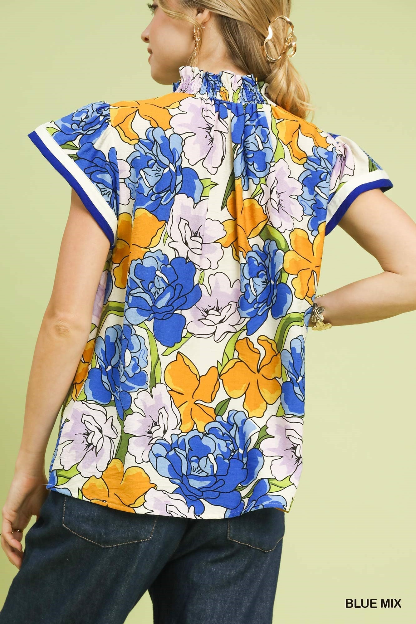 Blue Mix Floral Print Blouse with Contrast Trim by Umgee Back View