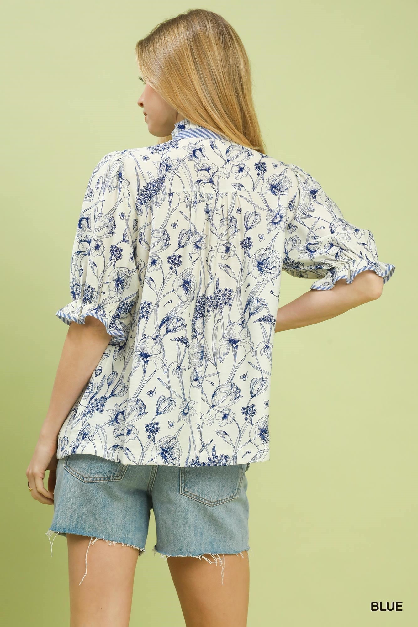 Blue Mixed Print Button Front Top by Umgee Back View