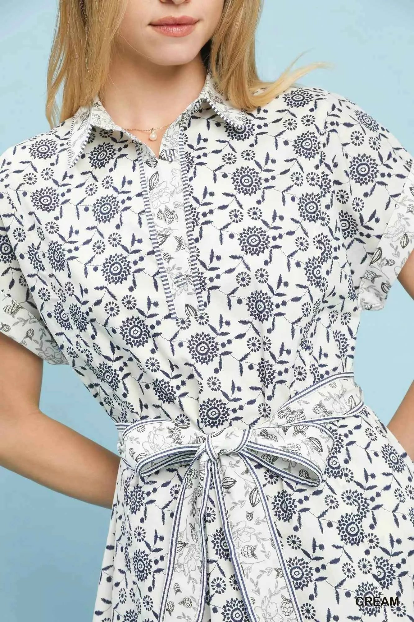 Border Print Belted Shirt Dress by Umgee