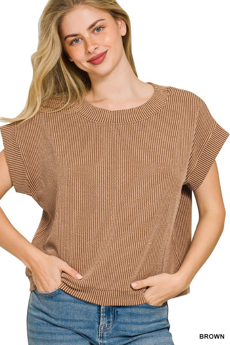 Brown Raised Rib Cap Sleeve Knit Top by Zenana Front View