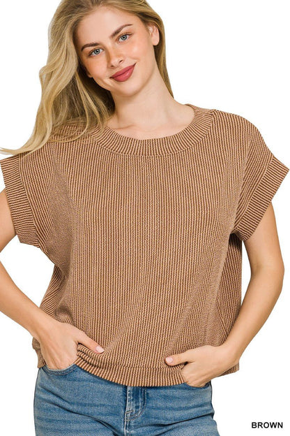Brown Raised Rib Cap Sleeve Knit Top by Zenana Front View