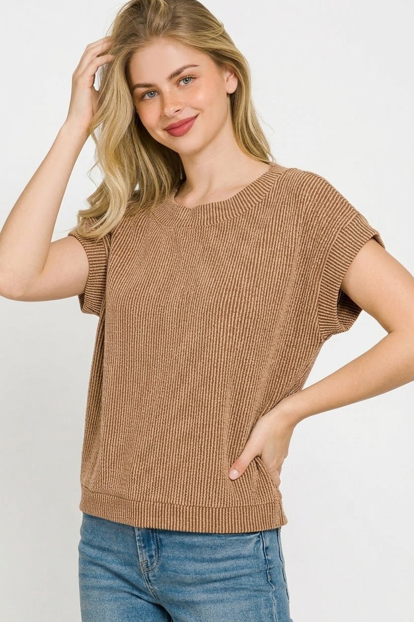 Brown Raised Rib Cap Sleeve Knit Top by Zenana Side View