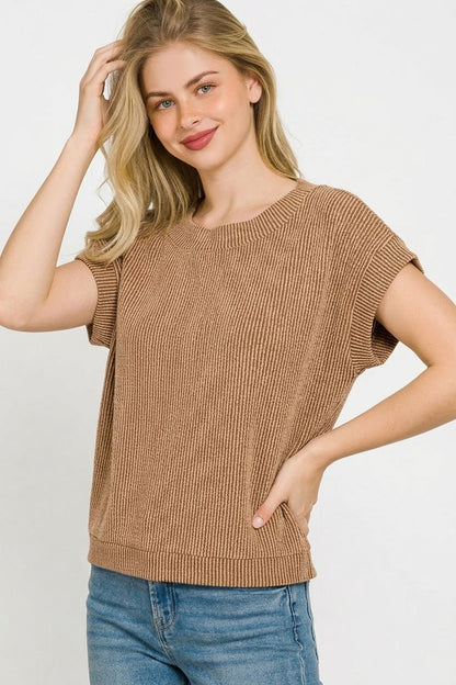Brown Raised Rib Cap Sleeve Knit Top by Zenana Side View
