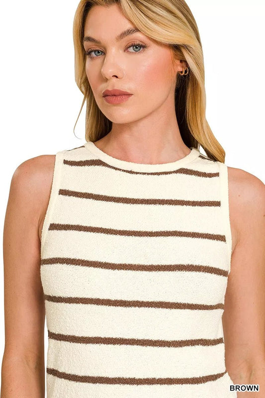 Brown Round Neck Stripe Knit Tank Top - What Lala Loves