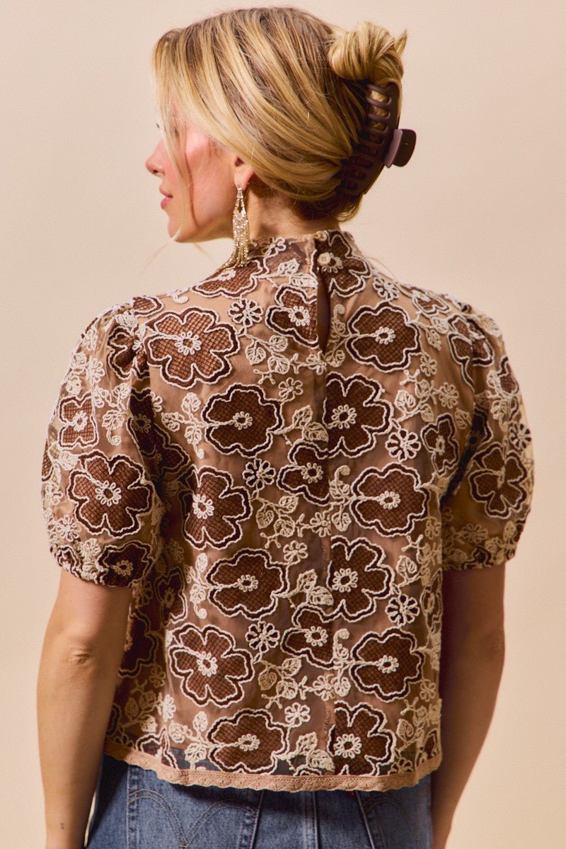Brown Texture Floral Mesh Top With Back Button Closure by BiBi Back View
