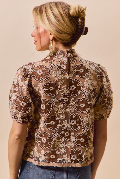 Brown Texture Floral Mesh Top With Back Button Closure by BiBi Back View