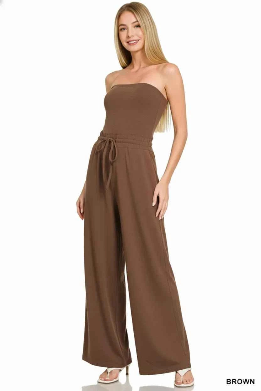 Brown Tube Top Jumpsuit with Drawstring Waist by Zenana