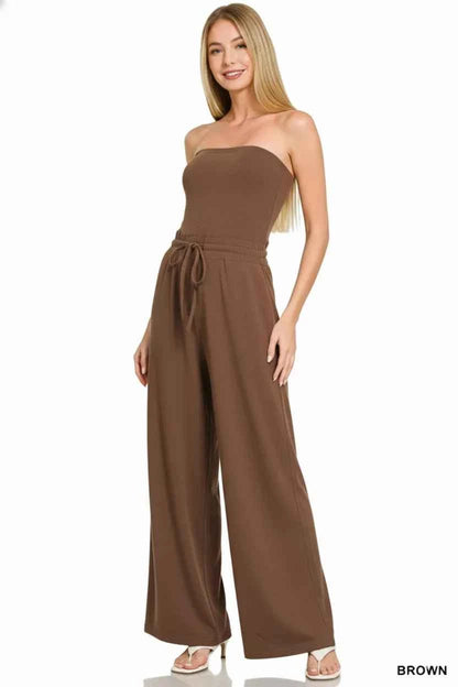 Brown Tube Top Jumpsuit with Drawstring Waist by Zenana