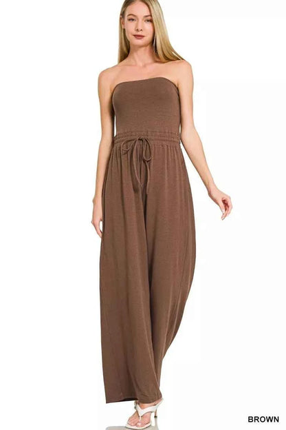 Brown Tube Top Jumpsuit with Drawstring Waist by Zenana