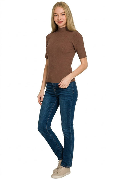 Brown Viscose Ribbed Mock Neck Sweater by Zenana Side View