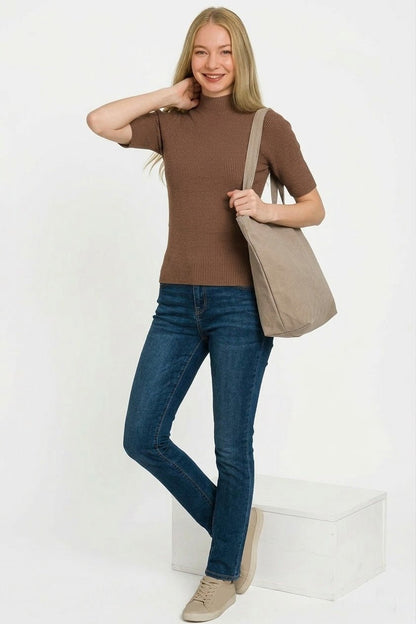 Brown Viscose Ribbed Mock Neck Sweater by Zenana 1