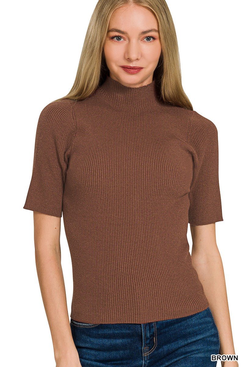 Brown Viscose Ribbed Mock Neck Sweater by Zenana Front View