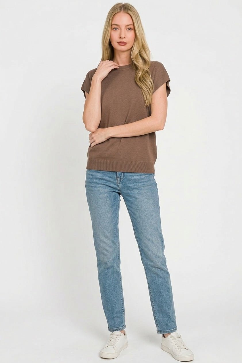 Brown Viscose Round-Neck Short Sleeve Sweater by Zenana 1
