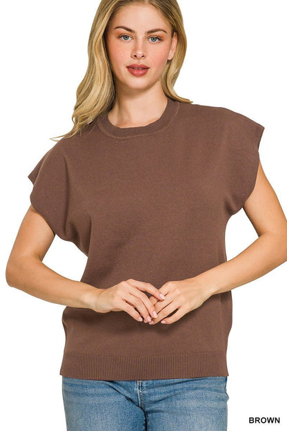 Brown Viscose Round-Neck Short Sleeve Sweater by Zenana Front View