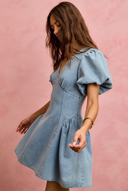 Bubble Sleeves Light Denim Fit And Flare Mini Dress by So Me Side View