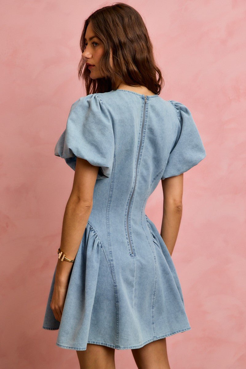 Bubble Sleeves Light Denim Fit And Flare Mini Dress by So Me Back View