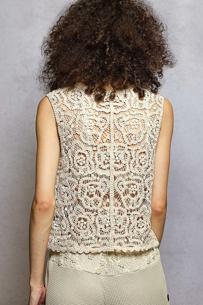 Button Down Cropped Crochet Vest with Scalloped Edge by POL Back View