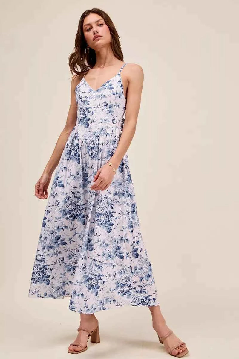 Blue Floral Woven V-Neck Maxi Dress With Back Ribbon Tie by SO ME