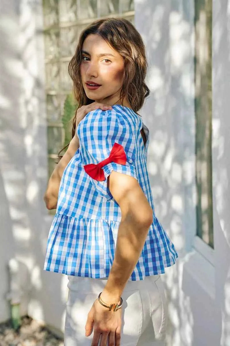 SO ME 4th Of July Gingham Ribbon Detail Short Sleeves Blouse
