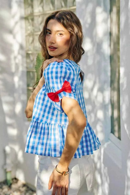 SO ME 4th Of July Gingham Ribbon Detail Short Sleeves Blouse
