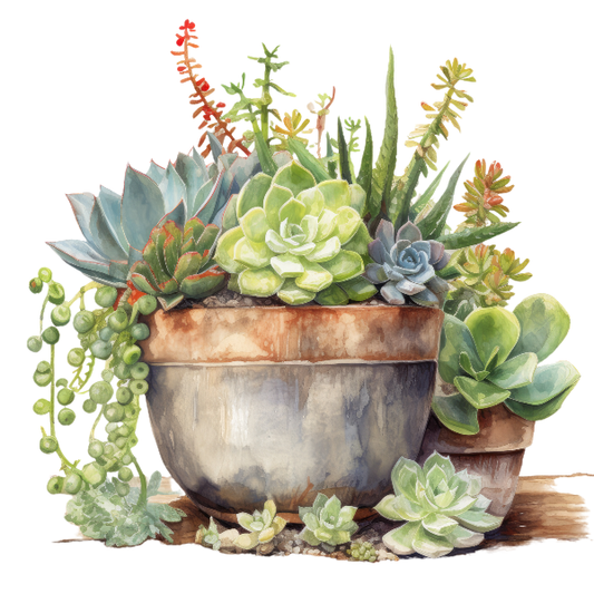 Illustration of a pot with succulents on a white background DIY paint kit