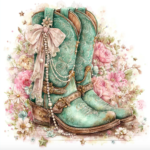 Decorative turquoise cowboy boots with floral and pearl details on a white background DIY paint kit