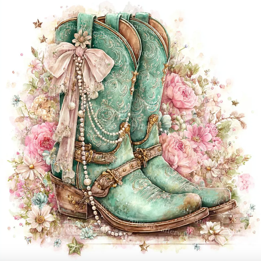 Decorative turquoise cowboy boots with floral and pearl details on a white background DIY paint kit