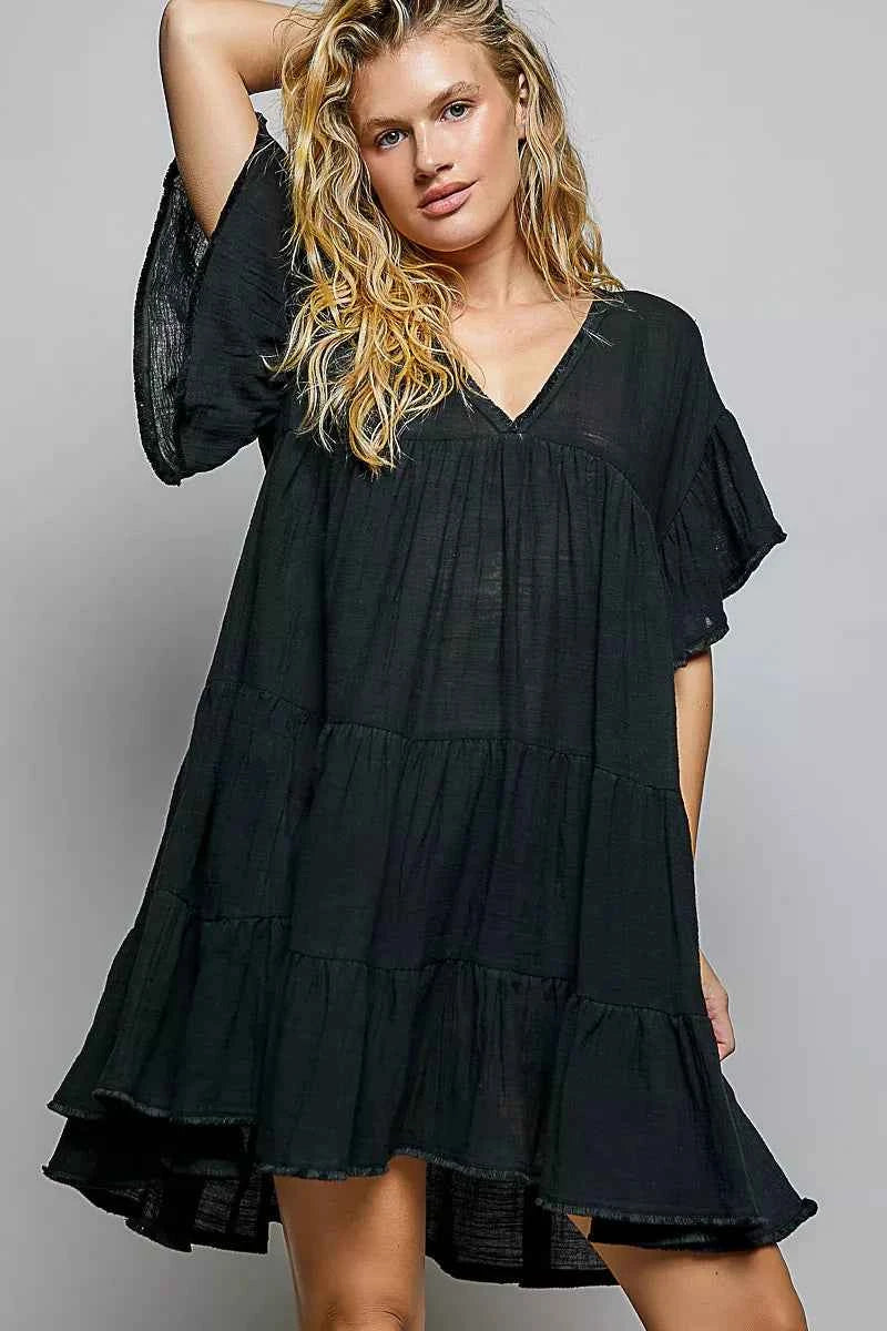 POL Ruffle Shirred V-Neck Short Sleeve Cotton Dress