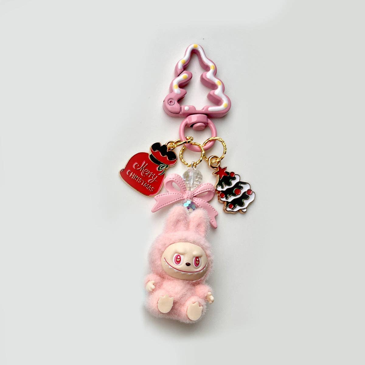 Christmas flocking mini Labubu keychain bag pendant: Pink