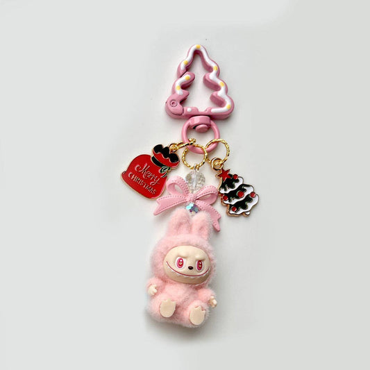 Christmas flocking mini Labubu keychain bag pendant: Pink