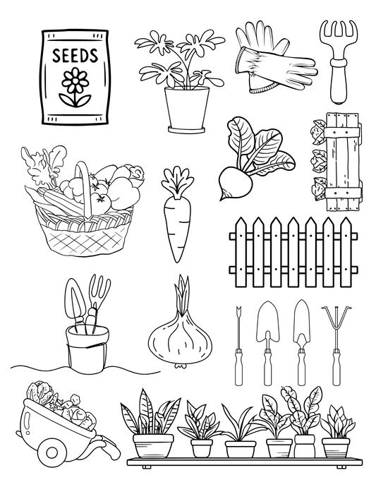The Paper Garden Gardening color-your-own sticker kit featuring illustrated gardening stickers and colored pencils