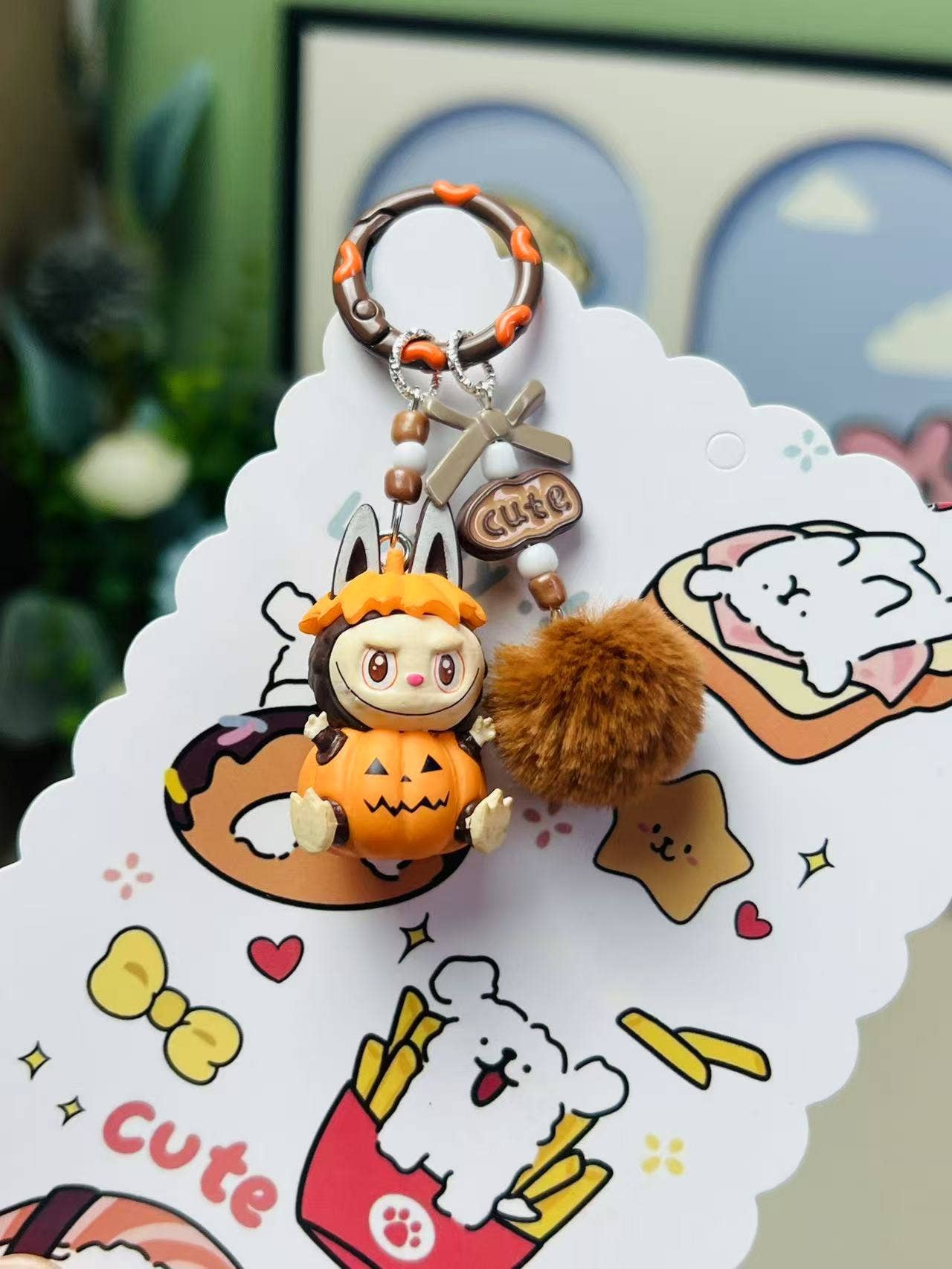 Halloween pumpkin labubu keychain bag pendant: Rose red