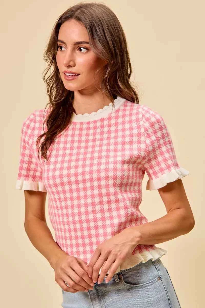 SO ME Gingham Knit Ruffled Short Sleeves Sweater Top