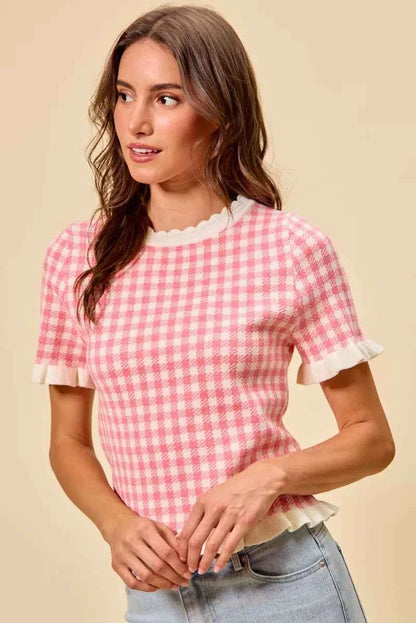 SO ME Gingham Knit Ruffled Short Sleeves Sweater Top