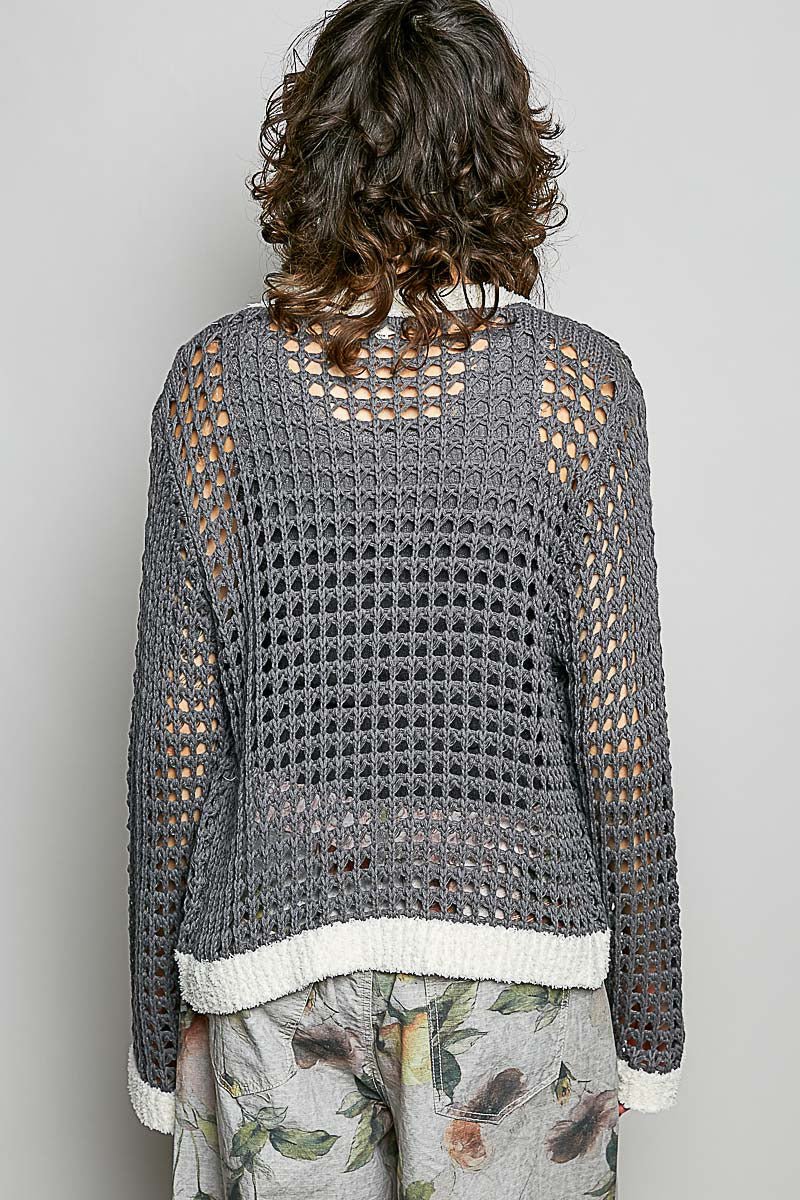 Charcoal Openwork Contrast Cardigan with Floral Metal Button by POL Back View