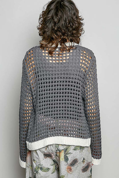 Charcoal Openwork Contrast Cardigan with Floral Metal Button by POL Back View