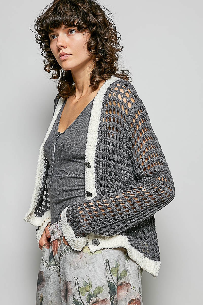 Charcoal Openwork Contrast Cardigan with Floral Metal Button by POL Side View