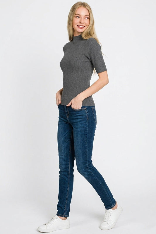 Charcoal Viscose Ribbed Mock Neck Sweater by Zenana Side View