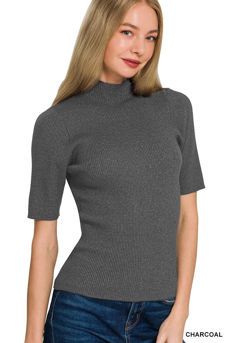 Charcoal Viscose Ribbed Mock Neck Sweater by Zenana Front View