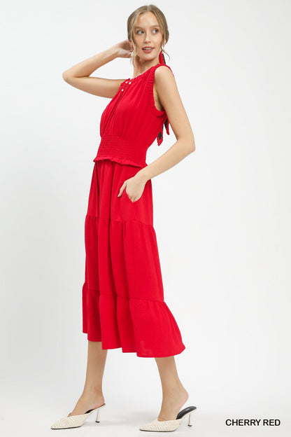 Cherry Red Smocked Waist Tiered Midi Dress by Umgee Side View