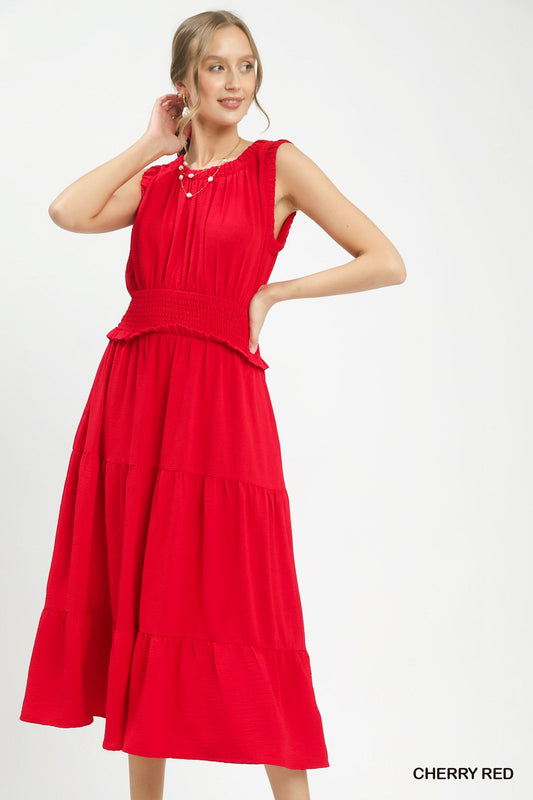 Cherry Red Smocked Waist Tiered Midi Dress by Umgee Front View