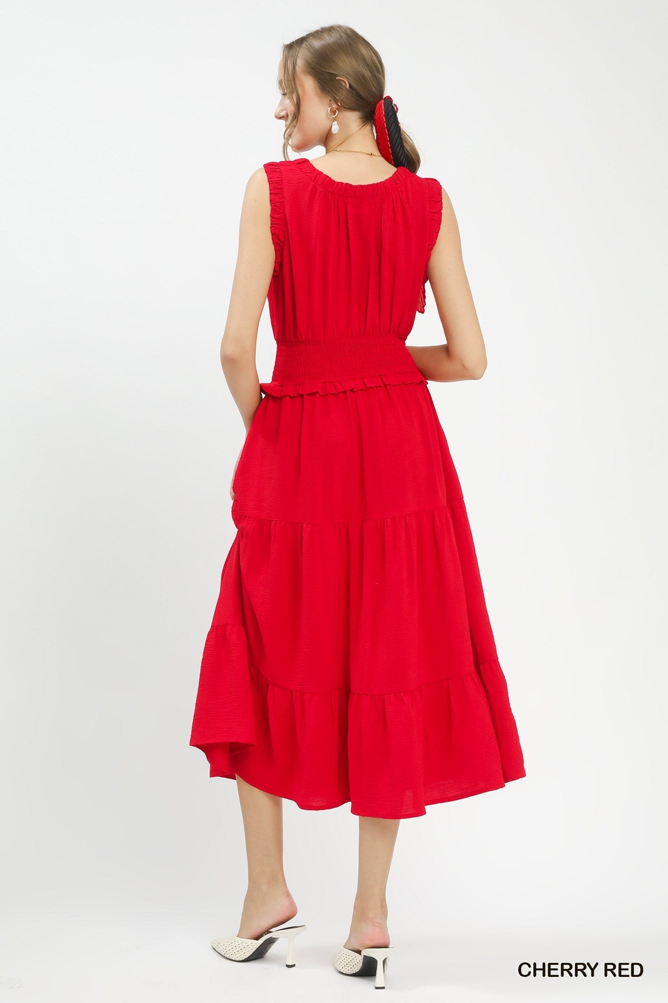 Cherry Red Smocked Waist Tiered Midi Dress by Umgee Back View