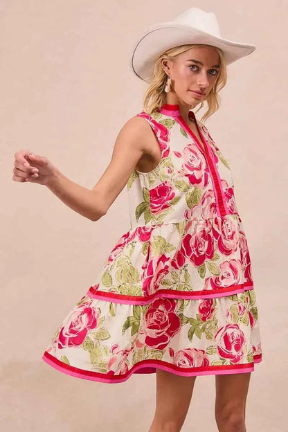 Coral Floral Woven Contrast Edge Tiered Ruffle Mini Dress by BiBi