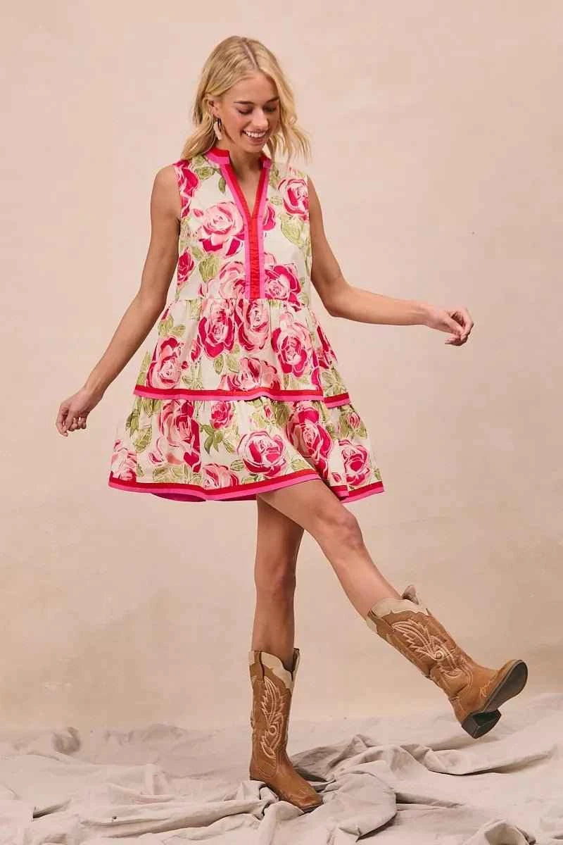Coral Floral Woven Contrast Edge Tiered Ruffle Mini Dress by BiBi