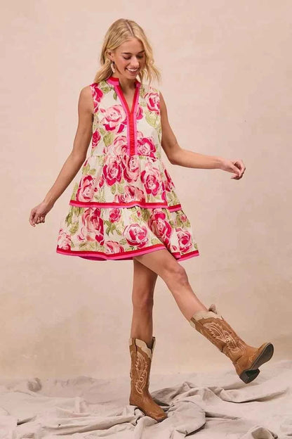 Coral Floral Woven Contrast Edge Tiered Ruffle Mini Dress by BiBi