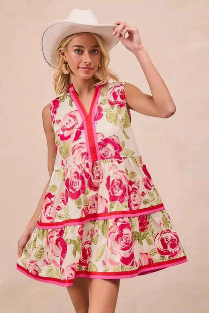 Coral Floral Woven Contrast Edge Tiered Ruffle Mini Dress by BiBi