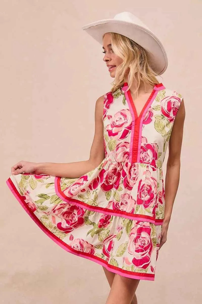 Coral Floral Woven Contrast Edge Tiered Ruffle Mini Dress by BiBi